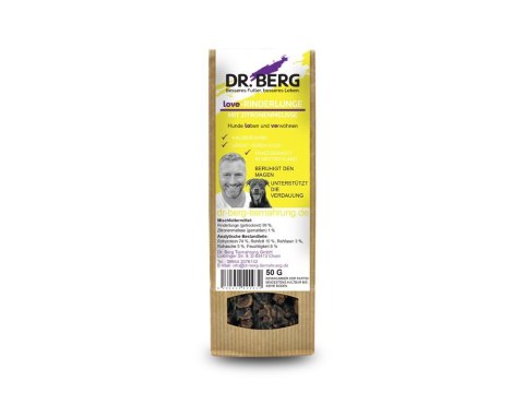 Dr. BERG suszone wołowe płuca z melisą przysmaki dla psów 50g Dr. BERG suszone wołowe płuca z melisą przysmaki dla psów 50g