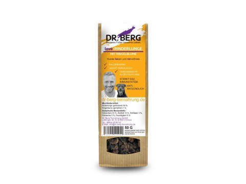 Dr. BERG suszone wołowe płuca z nagietkiem - przysmaki dla psów 50g Dr. BERG suszone wołowe płuca z nagietkiem - przysmaki dla psów 50g