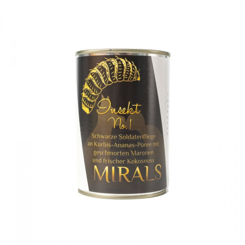 MIRALS Insekt No 1 - czarny żołnierz na puree z dynii i ananasa z duszonymi świeżymi kasztanami 370g MIRALS Insekt No 1 - czarny żołnierz na puree z dynii i ananasa z duszonymi świeżymi kasztanami 370g
