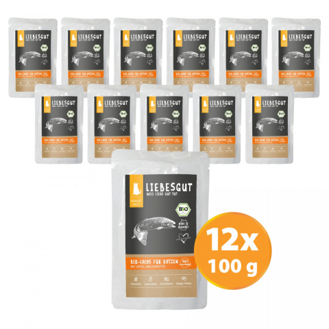 LIEBESGUT BIO LACHS Łosoś z jabłkiem i marchewką dla kota 100g x 12 szt. LIEBESGUT BIO LACHS Łosoś z jabłkiem i marchewką dla kota 100g x 12 szt.