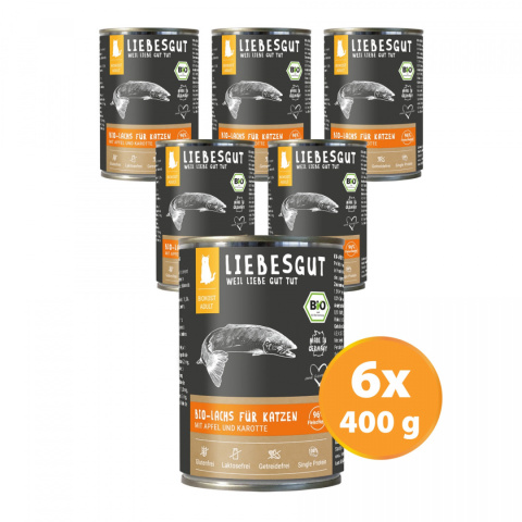 LIEBESGUT BIO LACHS Łosoś z jabłkiem i marchewką dla kota 400g 6 szt. LIEBESGUT BIO LACHS Łosoś z jabłkiem i marchewką dla kota 400g 6 szt.
