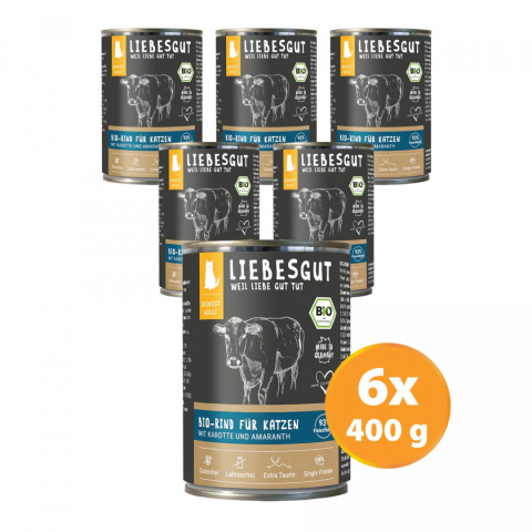 LIEBESGUT BIO RIND wołowina z marchewką ekologiczna dla kota 400g x 6 szt. LIEBESGUT BIO RIND wołowina z marchewką ekologiczna dla kota 400g x 6 szt.
