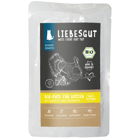 LIEBESGUT Bio Pute indyk z marchewką i amarantusem dla kota 100g x 12szt. LIEBESGUT Bio Pute indyk z marchewką i amarantusem dla kota 100g x 12szt.