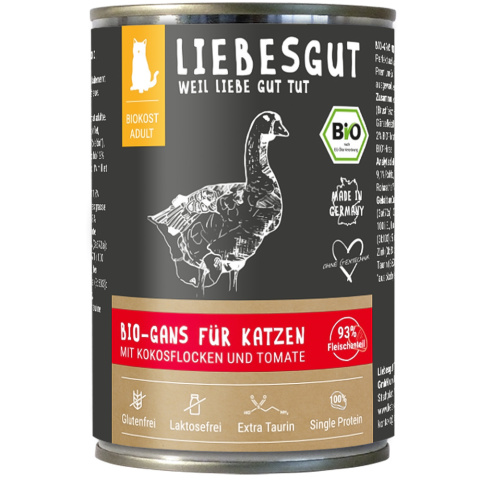 LIEBESGUT BIO GANS gęś z płatkami kokosowym i pomidorami dla kota 400g LIEBESGUT BIO GANS gęś z płatkami kokosowym i pomidorami dla kota 400g