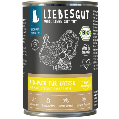LIEBESGUT Bio Pute indyk z marchewką i amarantusem dla kota 400g x 6 szt. LIEBESGUT Bio Pute indyk z marchewką i amarantusem dla kota 400g x 6 szt.