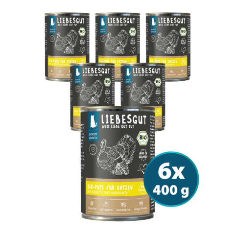 LIEBESGUT Bio Pute indyk z marchewką i amarantusem dla kota 400g x 6 szt. LIEBESGUT Bio Pute indyk z marchewką i amarantusem dla kota 400g x 6 szt.