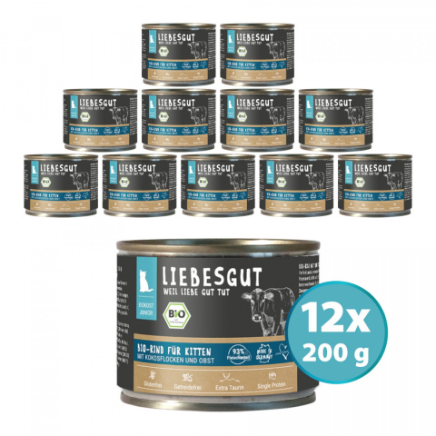 LIEBESGUT Junior Bio Rind wołowina z płatkami kokosowymi dla kociąt 200g x 12 szt. LIEBESGUT Junior Bio Rind wołowina z płatkami kokosowymi dla kociąt 200g x 12 szt.