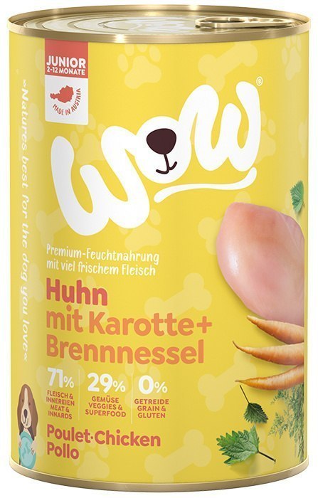 WOW Junior Huhn - kurczak z marchewką i pokrzywą dla szczeniąt 400g WOW Junior Huhn - kurczak z marchewką i pokrzywą dla szczeniąt 400g