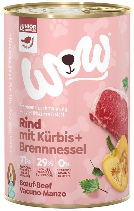 WOW Junior Rind - wołowina z dynią i pokrzywą dla szczeniąt 400g WOW Junior Rind - wołowina z dynią i pokrzywą dla szczeniąt 400g