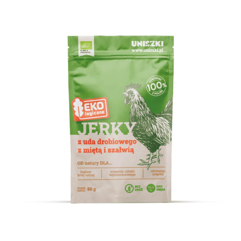 Ekologiczne jerky z uda drobiowego z miętą i szałwią 60g Ekologiczne jerky z uda drobiowego z miętą i szałwią 60g