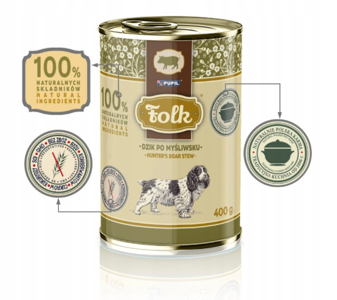 FOLK Karma mokra dla psa Dzik po Myśliwsku 400g FOLK Karma mokra dla psa Dzik po Myśliwsku 400g